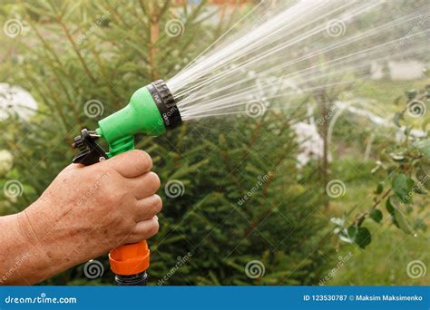 Hand Holds Manual Sprinkler For Irrigation And Watering Garden By Water