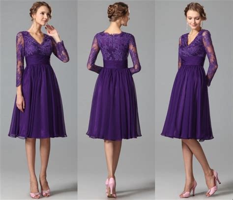 Long Sleeves Purple Bridesmaids Dresses 2015 A Line V Neck Vintage Lace