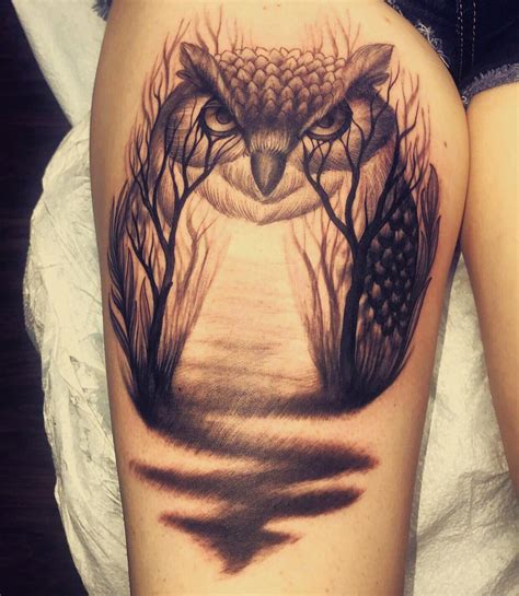 Fresh Spooky Owl Thigh Tattoo Wunderland Custom Tattoos In Gainesville