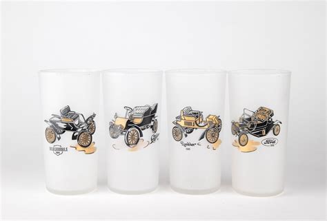 Vintage Hazel Atlas Antique Car Frosted Drinking Barware Glasses Collectible Glasses