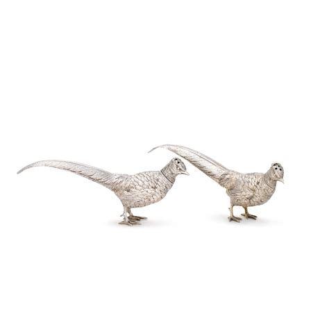 A Pair Of Novelty Edwardian Silver Pheasant Pepper Shakers Maurice