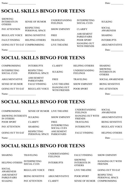 Social Skills Bingo For Teens Wordmint