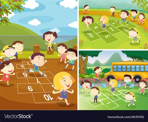 Playground Scenes With Children Playing Hopscotch Vector Image