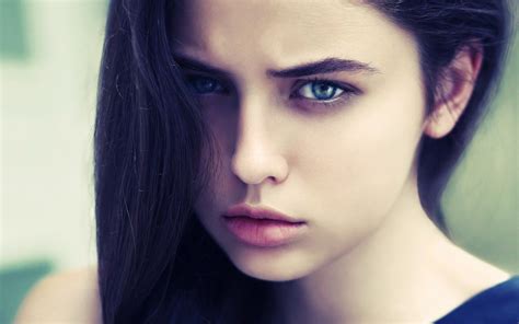 Women Face Brunette Blue Eyes Dark Hair Looking At Viewer Lipstick Portrait Makeup