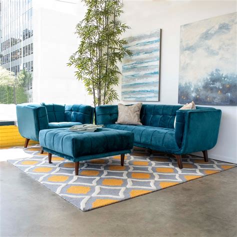 Legs finished in antique brass; Mid Century Modern Allen Teal Velvet Sofa 78" - ASH2666