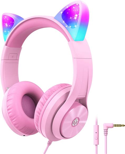 Iclever Kids Headphones With Microphone Cat Ear Led Light Up Hs20