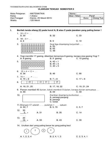 Soal Matematika Kelas 1 Sd Semester 1 Kurikulum Merdeka Homecare24