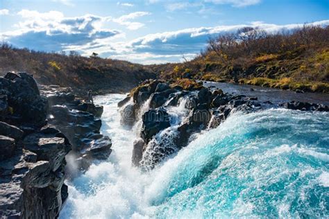 Blue Midfoss Bruarfoss Waterfalls In Iceland Stock Photo Image Of
