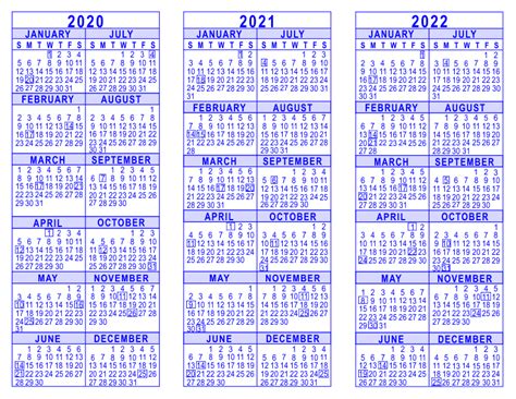 2020 2021 2022 3 Year Calendar