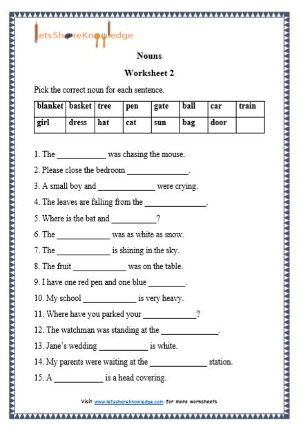 English Grammar Noun Worksheet For Grade 1 Nouns Work