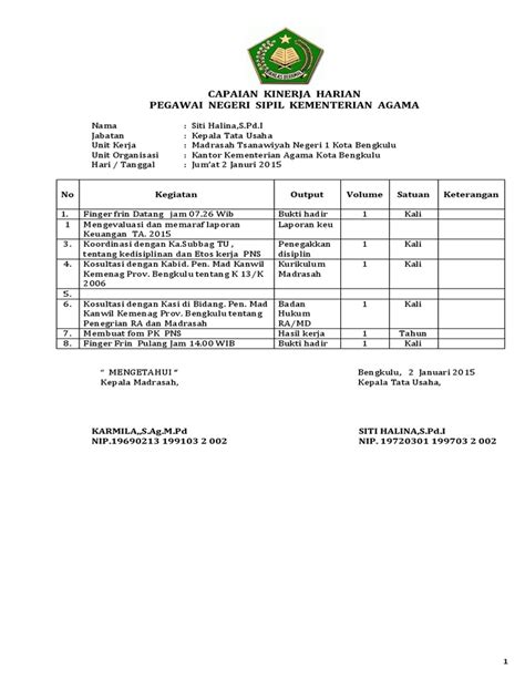 Contoh Laporan Kinerja Harian Pns Kemenag Kumpulan Contoh Laporan