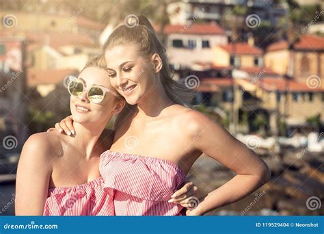 Portrait Of Two Smiling Girls Posing Outdoor Stock Photo Image Of Fashion Makeup