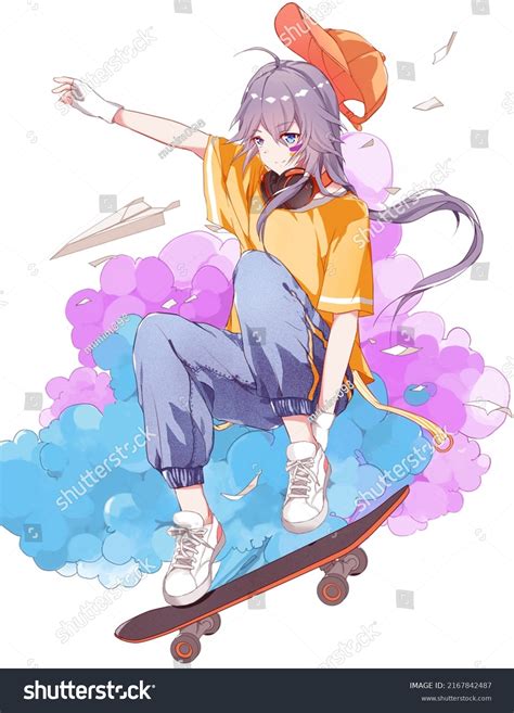 Anime Beautiful Girl Skateboarding Illustration Colorful Stock