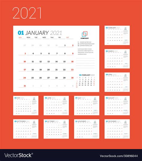 Calendar Template For 2021 Year Business Planner Vector Image