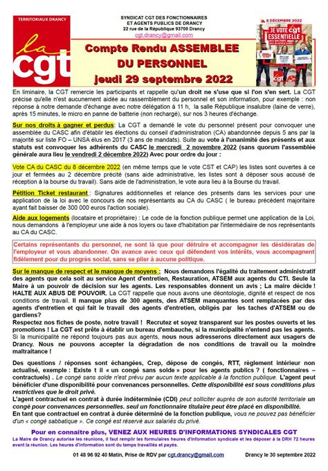 DRANCY HEURES DINFO SYNDICALE DU 29 Septembre 2022 CGT Territoriaux