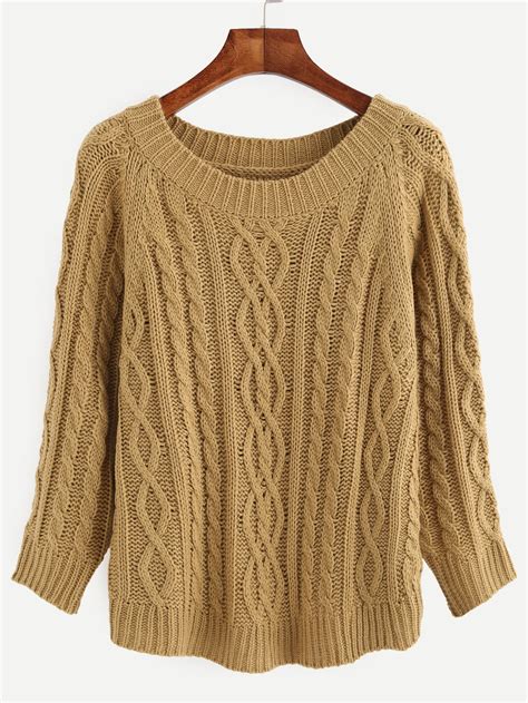 Khaki Cable Knit Round Neck Long Sleeve Sweater Sheinsheinside