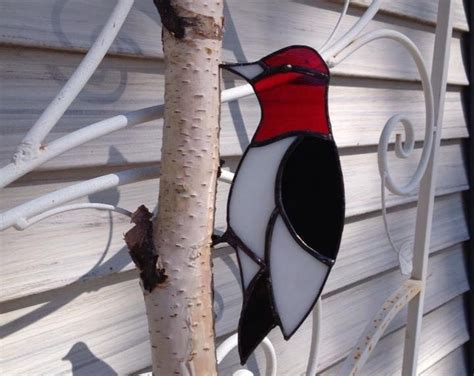 Red Headed Woodpecker Stained Glass On White Birch Etsy
