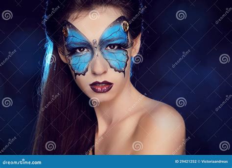 Fashion Woman Portrait Butterfly Makeup Face Art Make Up Stock Photo