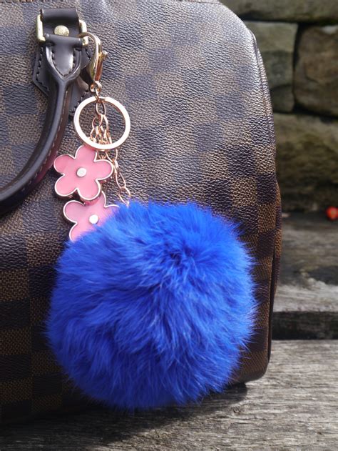 Real Fur Ball Flowers Keychain Bag Charm Blue Futurocks