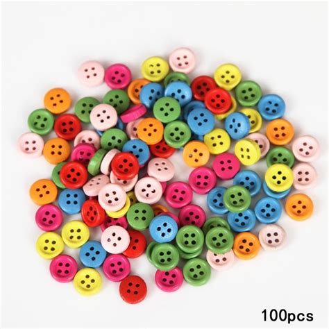 100pcs Dia 9 Mm Colorful Color Mixed 4 Holes Wooden Buttons Sewing