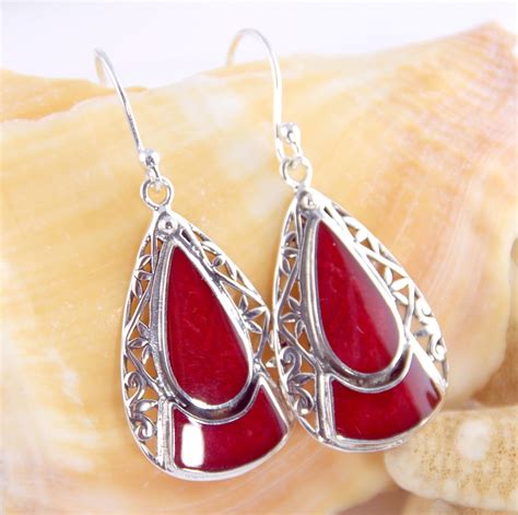 Sterling Silver Red Coral Earrings Bohemian Style Dangle Es