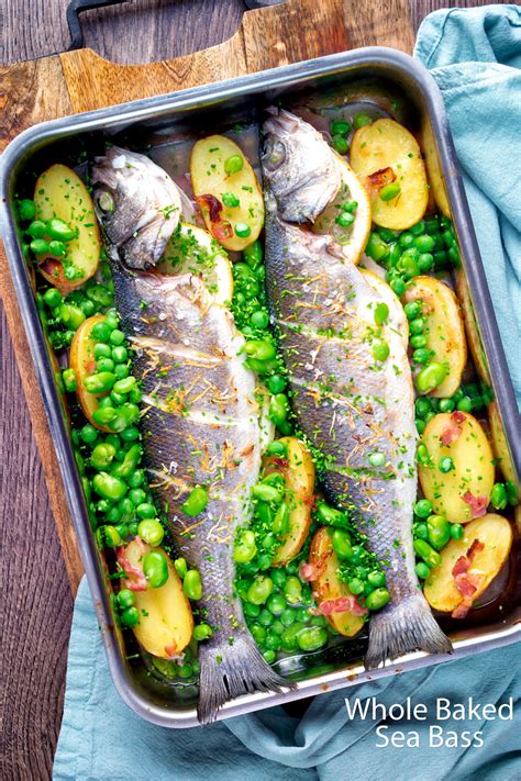 Whole Baked Sea Bass Recipe With Potatoes Broad Beans And Peas Krumpli