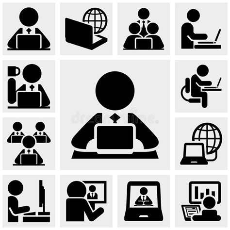 Working On Computer Vector Icons Set On Gray Stock Vector