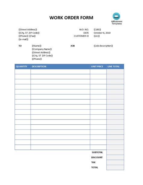 Blank Fillable Work Order Form Printable Forms Free Online