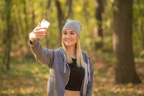 Girl Walking In The Woods And Making A Selfie Stock Image Image Of Autumn Smiling 110402891