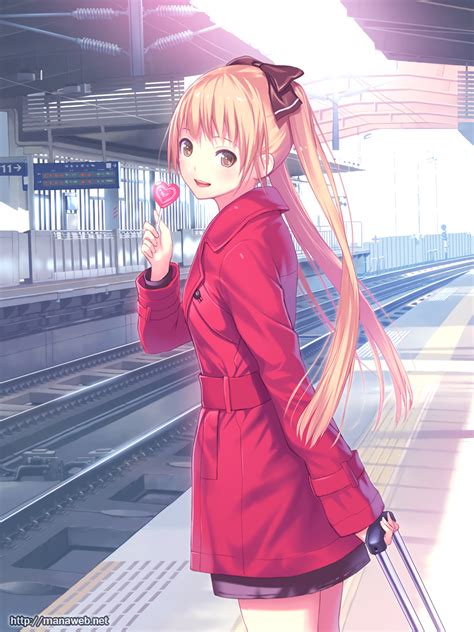 Wallpaper Cosplay Blonde Long Hair Anime Girls Brown Eyes Train Station Clothing