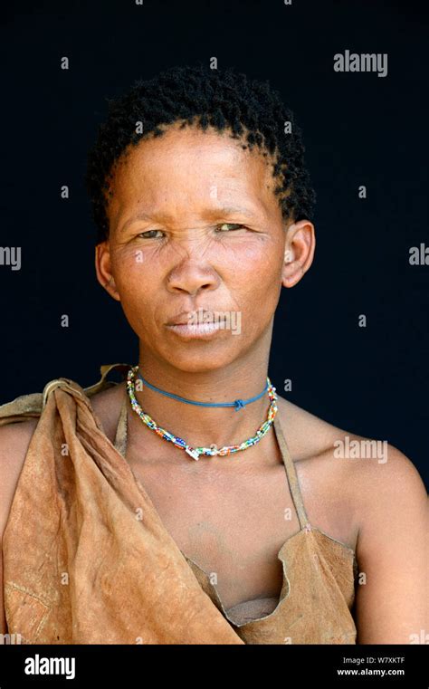 Portrait Of Naro San Woman Wearing Traditional Clothing Kalahari Ghanzi Region Botswana
