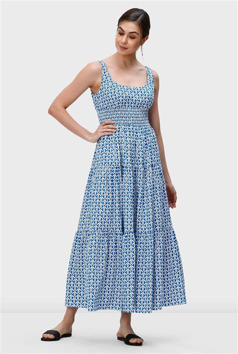 Shop Smocked Empire Geo Print Cotton Tiered Dress Eshakti