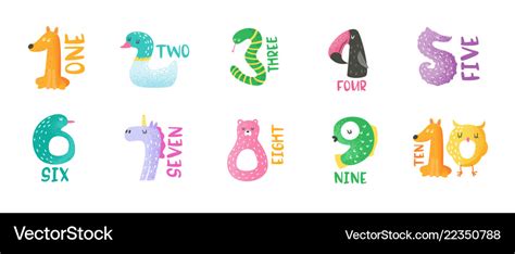 Cute Animal Numbers From 1 To 9 Stickers Vector Image
