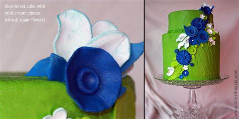 Lime Green Wedding Cake With Royal Blue Flowers And Blue Velvet Cake