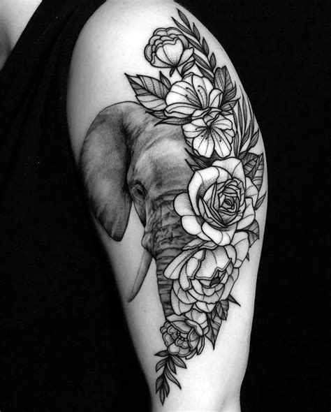 Elephant And Floral Tattoo Design