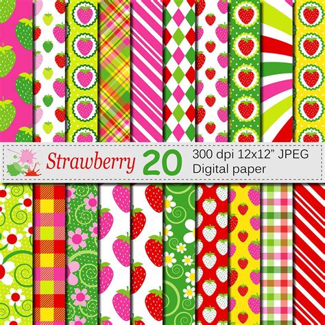 Strawberry Digital Paper Pink Red Green Yellow Printable Etsy