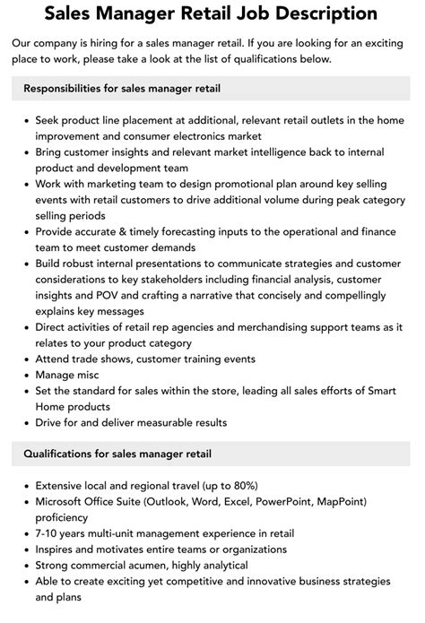 Sales Manager Retail Job Description Velvet Jobs