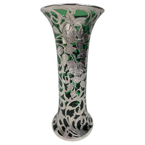 Alvin American Art Nouveau Green Glass Silver Overlay Vase For Sale At 1stdibs