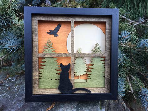 3d Laser Cut Shadow Box Wood Scene Inlaid Black Cat In Etsy