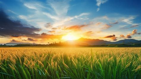 Premium Ai Image Ripe Rice Field And Sky Background At Sunset Time