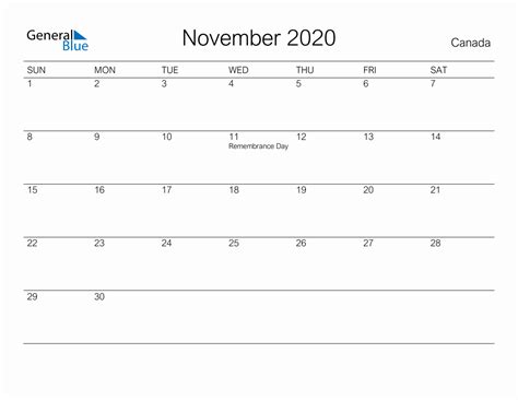 Printable November 2020 Monthly Calendar With Holidays For Canada