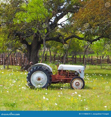 An Old Tractor In A Field With Flowers Stock Image Image Of Meadow