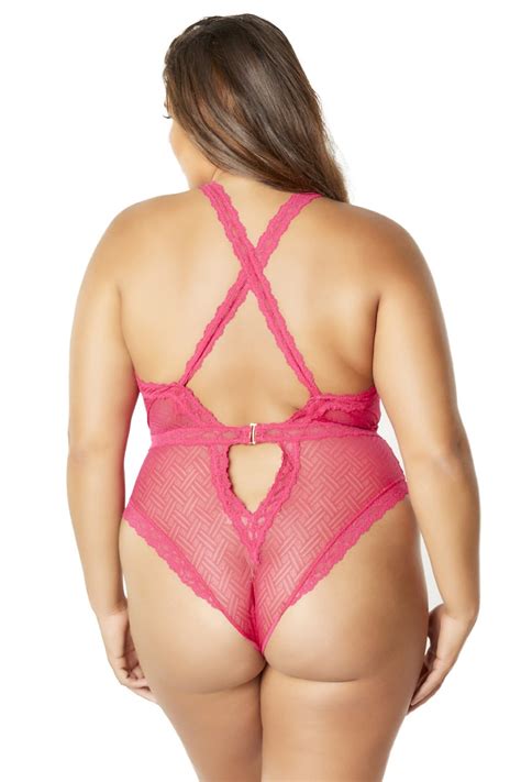 Plus Size Sheer Geometric Lace Teddy Sexy Lingerie