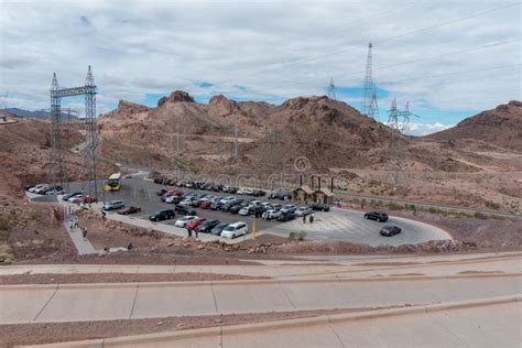 Aerial View To The Parking Lots With A Visitors On A Hoover Dam Stock