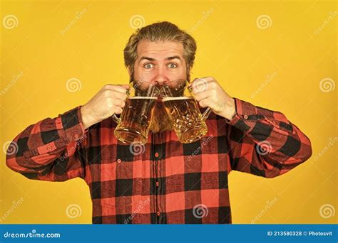 Mature Bearded Guy Hold Beer Glass Cheers Toast Holiday Celebration