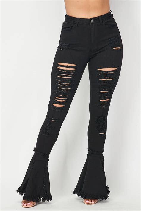 Super High Waisted Distressed Flare Jeans Black