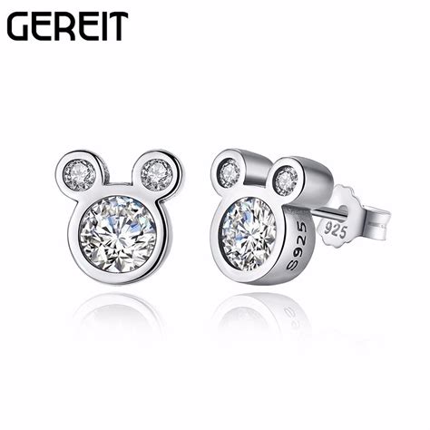 gereit s925 sterling silver earrings cute cubic zirconia cartoon character face minnie mickey