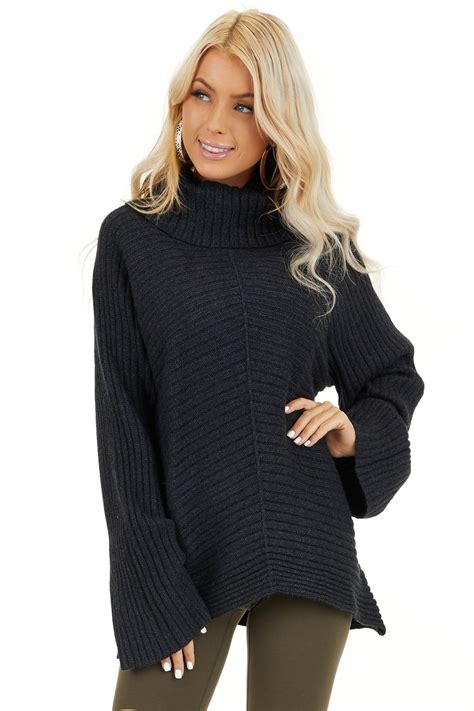 Charcoal Turtleneck Ribbed Knit Sweater With Long Sleeves Front Close