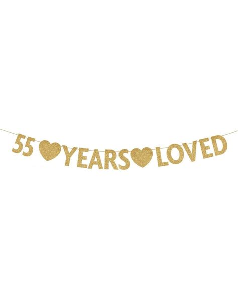 Gold 55 Year Loved Banner Gold Glitter Happy 55th Birthday Party Decorations Supplies Gold