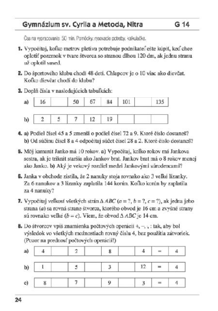 didaktis : Testy do prímy 2005 matematika - Príprava na prijímacie